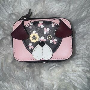 Kate Spade Dog Face Zip Jewelry Case Coin Purse Pink Floral Leather RARE